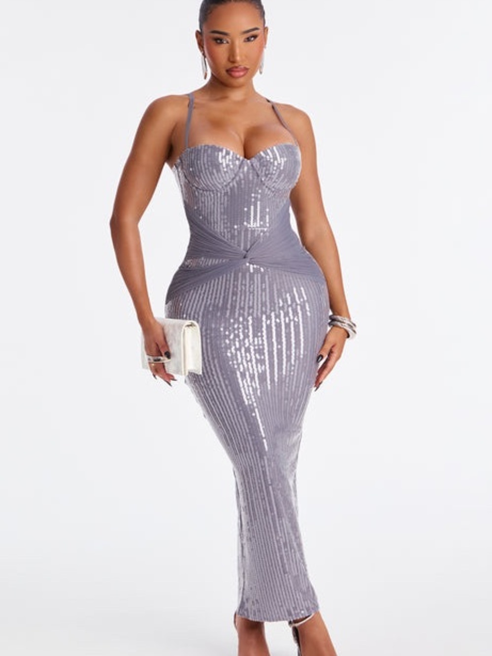 BNWT- Fashion Nova Open Hearts Sequin Maxi Dress in Silver/Gray